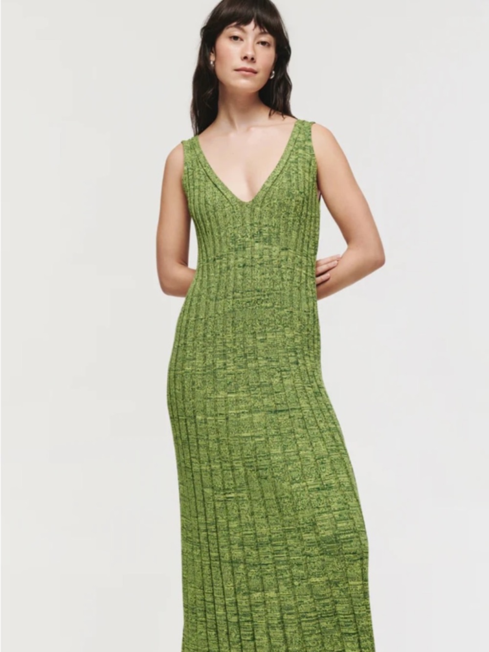 Green V-Neck Ribbed Knit Maxi Dress